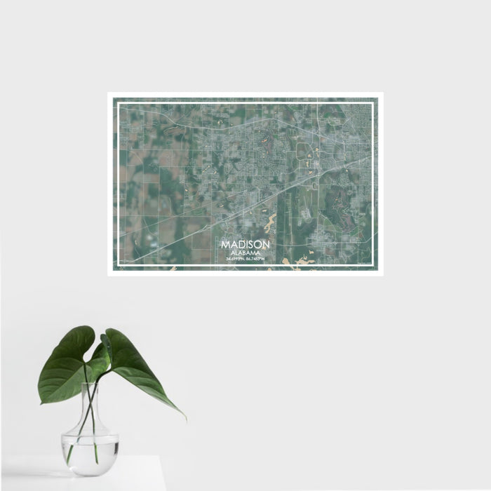16x24 Madison Alabama Map Print Landscape Orientation in Afternoon Style With Tropical Plant Leaves in Water