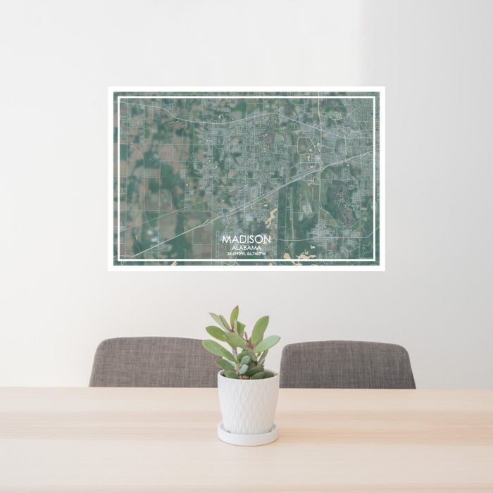24x36 Madison Alabama Map Print Lanscape Orientation in Afternoon Style Behind 2 Chairs Table and Potted Plant