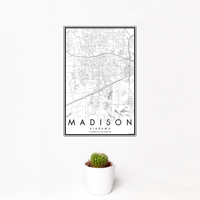 12x18 Madison Alabama Map Print Portrait Orientation in Classic Style With Small Cactus Plant in White Planter
