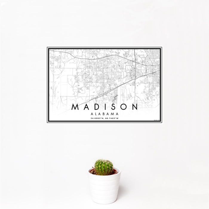 12x18 Madison Alabama Map Print Landscape Orientation in Classic Style With Small Cactus Plant in White Planter