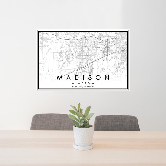 24x36 Madison Alabama Map Print Landscape Orientation in Classic Style Behind 2 Chairs Table and Potted Plant