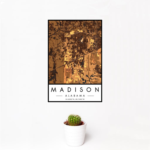 12x18 Madison Alabama Map Print Portrait Orientation in Ember Style With Small Cactus Plant in White Planter