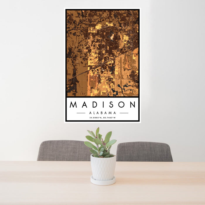24x36 Madison Alabama Map Print Portrait Orientation in Ember Style Behind 2 Chairs Table and Potted Plant