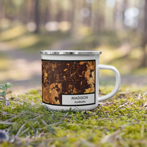 Right View Custom Madison Alabama Map Enamel Mug in Ember on Grass With Trees in Background