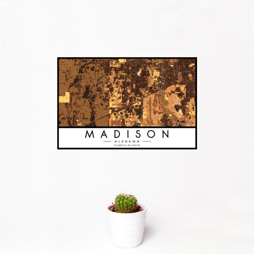 12x18 Madison Alabama Map Print Landscape Orientation in Ember Style With Small Cactus Plant in White Planter