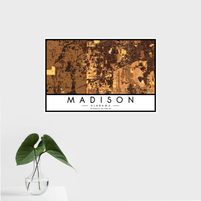 16x24 Madison Alabama Map Print Landscape Orientation in Ember Style With Tropical Plant Leaves in Water