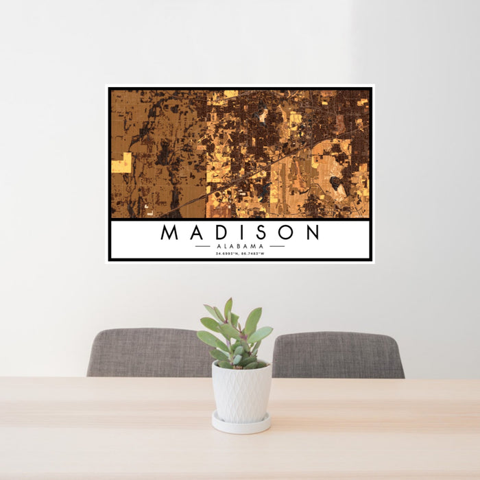 24x36 Madison Alabama Map Print Landscape Orientation in Ember Style Behind 2 Chairs Table and Potted Plant
