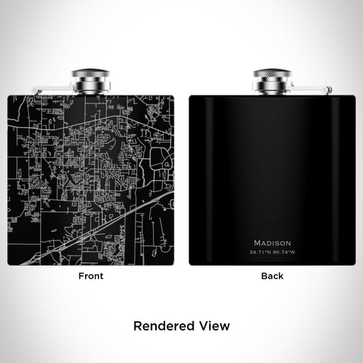 Rendered View of Madison Alabama Map Engraving on 6oz Stainless Steel Flask in Black