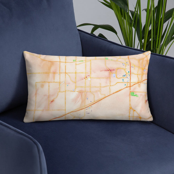 Custom Madison Alabama Map Throw Pillow in Watercolor on Blue Colored Chair