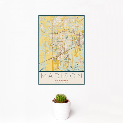 12x18 Madison Alabama Map Print Portrait Orientation in Woodblock Style With Small Cactus Plant in White Planter
