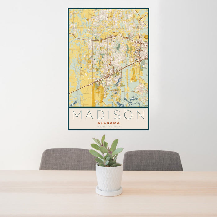 24x36 Madison Alabama Map Print Portrait Orientation in Woodblock Style Behind 2 Chairs Table and Potted Plant