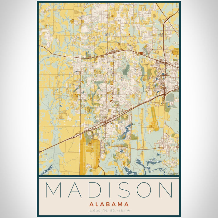 Madison Alabama Map Print Portrait Orientation in Woodblock Style With Shaded Background