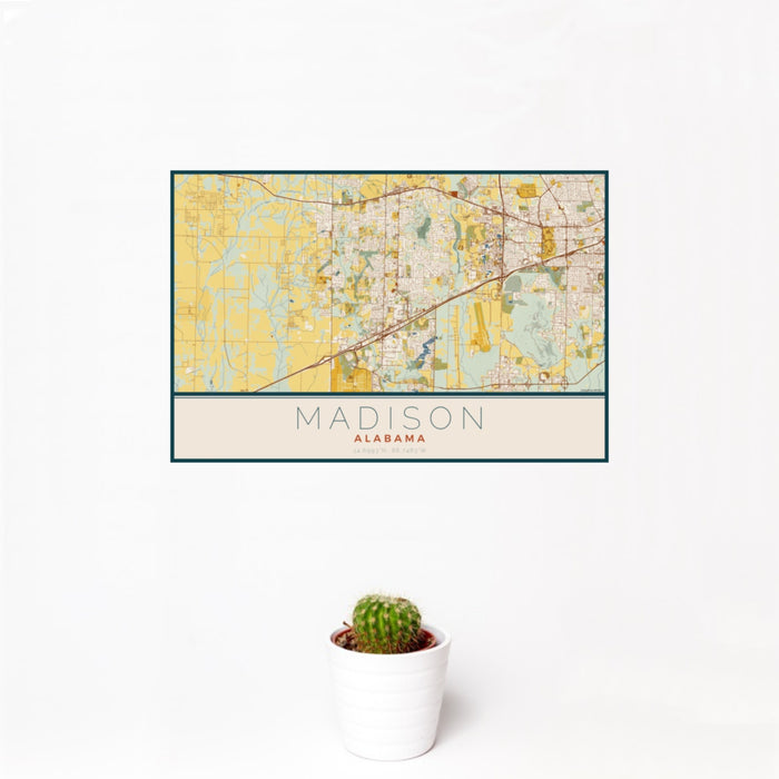 12x18 Madison Alabama Map Print Landscape Orientation in Woodblock Style With Small Cactus Plant in White Planter