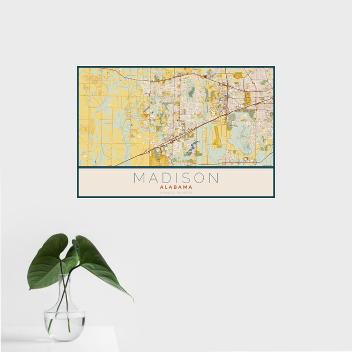 16x24 Madison Alabama Map Print Landscape Orientation in Woodblock Style With Tropical Plant Leaves in Water