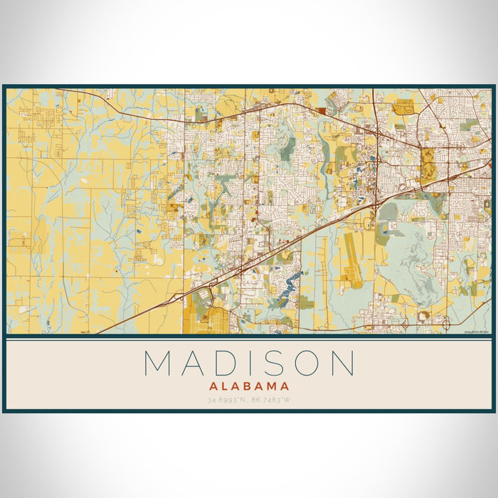 Madison Alabama Map Print Landscape Orientation in Woodblock Style With Shaded Background