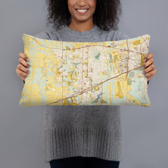 Person holding 20x12 Custom Madison Alabama Map Throw Pillow in Woodblock