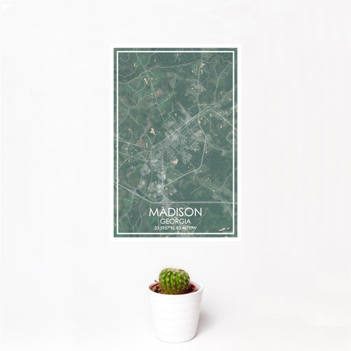 12x18 Madison Georgia Map Print Portrait Orientation in Afternoon Style With Small Cactus Plant in White Planter