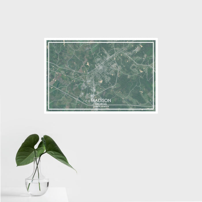 16x24 Madison Georgia Map Print Landscape Orientation in Afternoon Style With Tropical Plant Leaves in Water