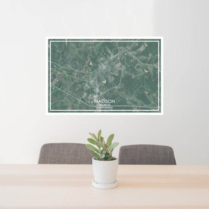 24x36 Madison Georgia Map Print Lanscape Orientation in Afternoon Style Behind 2 Chairs Table and Potted Plant