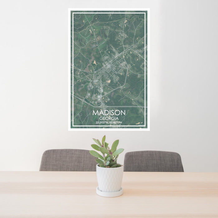24x36 Madison Georgia Map Print Portrait Orientation in Afternoon Style Behind 2 Chairs Table and Potted Plant