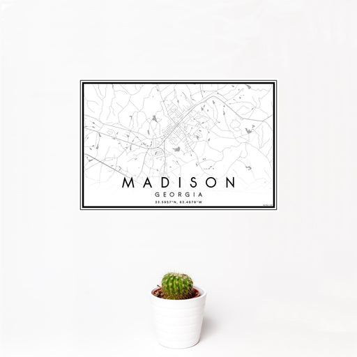 12x18 Madison Georgia Map Print Landscape Orientation in Classic Style With Small Cactus Plant in White Planter