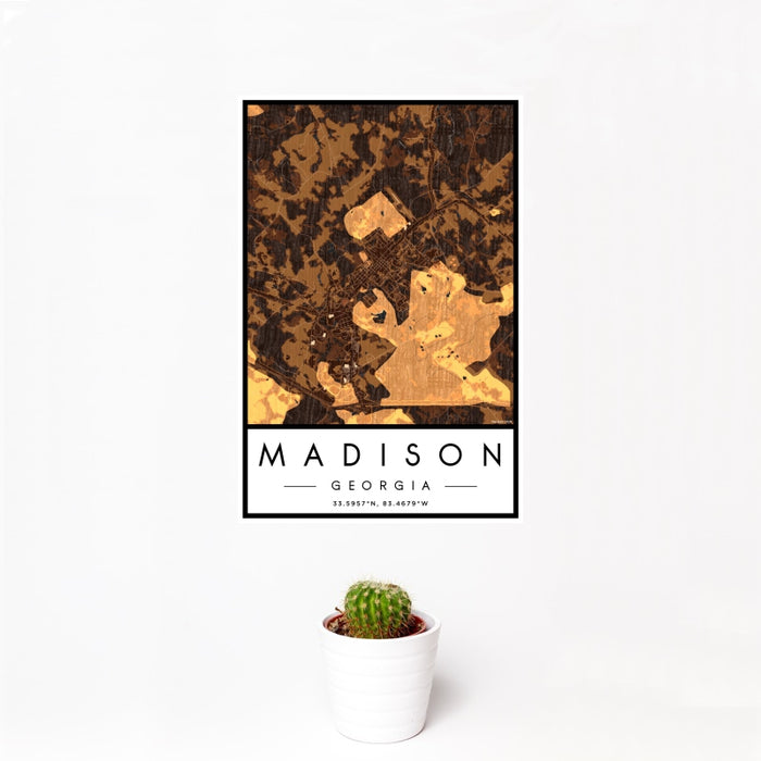 12x18 Madison Georgia Map Print Portrait Orientation in Ember Style With Small Cactus Plant in White Planter