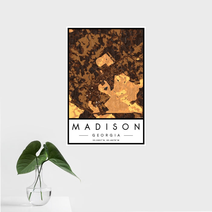 16x24 Madison Georgia Map Print Portrait Orientation in Ember Style With Tropical Plant Leaves in Water