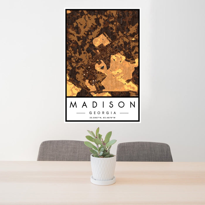 24x36 Madison Georgia Map Print Portrait Orientation in Ember Style Behind 2 Chairs Table and Potted Plant