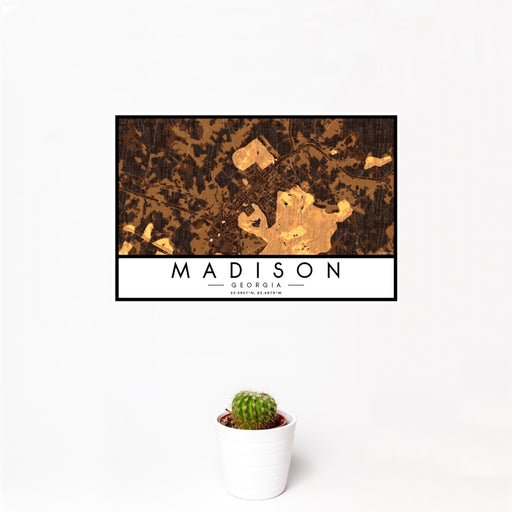 12x18 Madison Georgia Map Print Landscape Orientation in Ember Style With Small Cactus Plant in White Planter