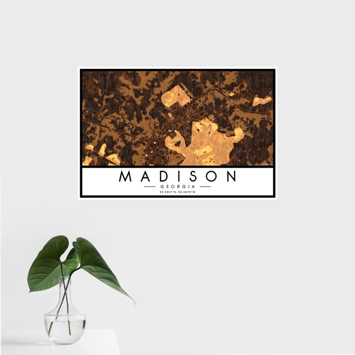 16x24 Madison Georgia Map Print Landscape Orientation in Ember Style With Tropical Plant Leaves in Water