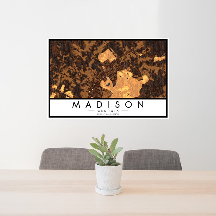 24x36 Madison Georgia Map Print Landscape Orientation in Ember Style Behind 2 Chairs Table and Potted Plant