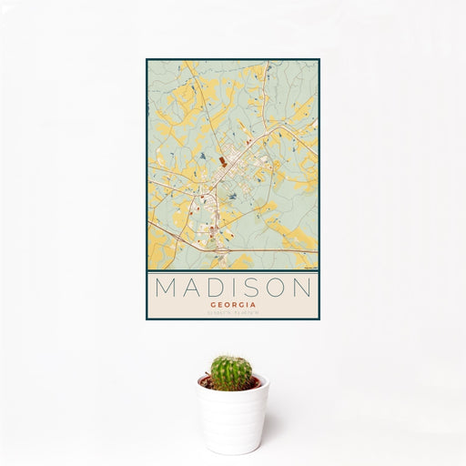 12x18 Madison Georgia Map Print Portrait Orientation in Woodblock Style With Small Cactus Plant in White Planter