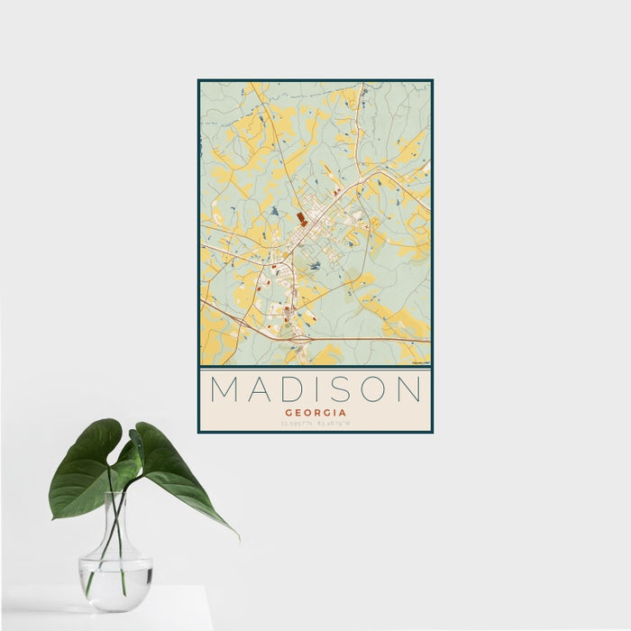 16x24 Madison Georgia Map Print Portrait Orientation in Woodblock Style With Tropical Plant Leaves in Water