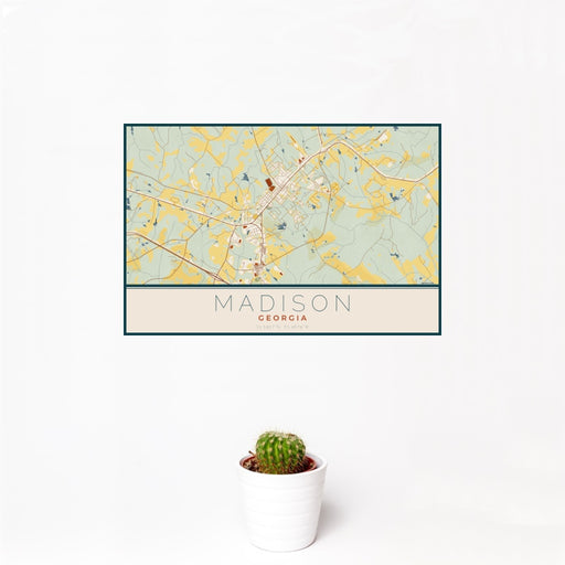 12x18 Madison Georgia Map Print Landscape Orientation in Woodblock Style With Small Cactus Plant in White Planter