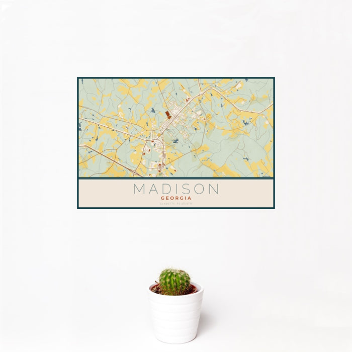 12x18 Madison Georgia Map Print Landscape Orientation in Woodblock Style With Small Cactus Plant in White Planter