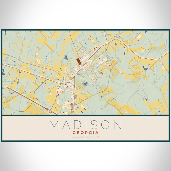 Madison Georgia Map Print Landscape Orientation in Woodblock Style With Shaded Background