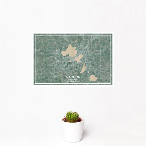 12x18 Madison Wisconsin Map Print Landscape Orientation in Afternoon Style With Small Cactus Plant in White Planter