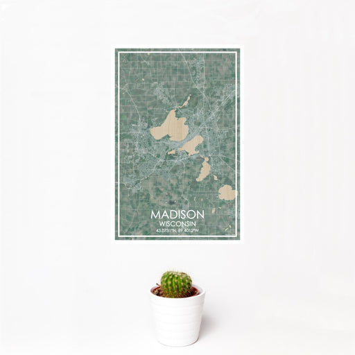 12x18 Madison Wisconsin Map Print Portrait Orientation in Afternoon Style With Small Cactus Plant in White Planter