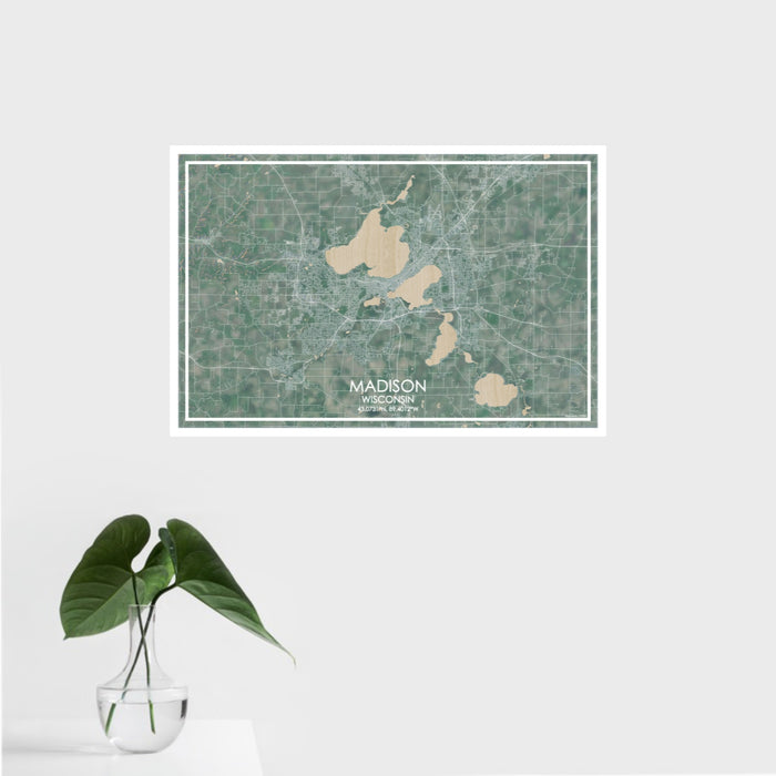 16x24 Madison Wisconsin Map Print Landscape Orientation in Afternoon Style With Tropical Plant Leaves in Water