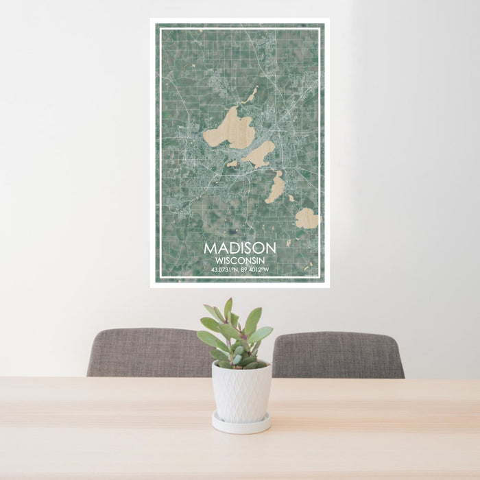 24x36 Madison Wisconsin Map Print Portrait Orientation in Afternoon Style Behind 2 Chairs Table and Potted Plant