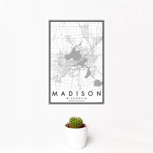 12x18 Madison Wisconsin Map Print Portrait Orientation in Classic Style With Small Cactus Plant in White Planter
