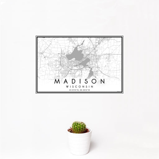 12x18 Madison Wisconsin Map Print Landscape Orientation in Classic Style With Small Cactus Plant in White Planter
