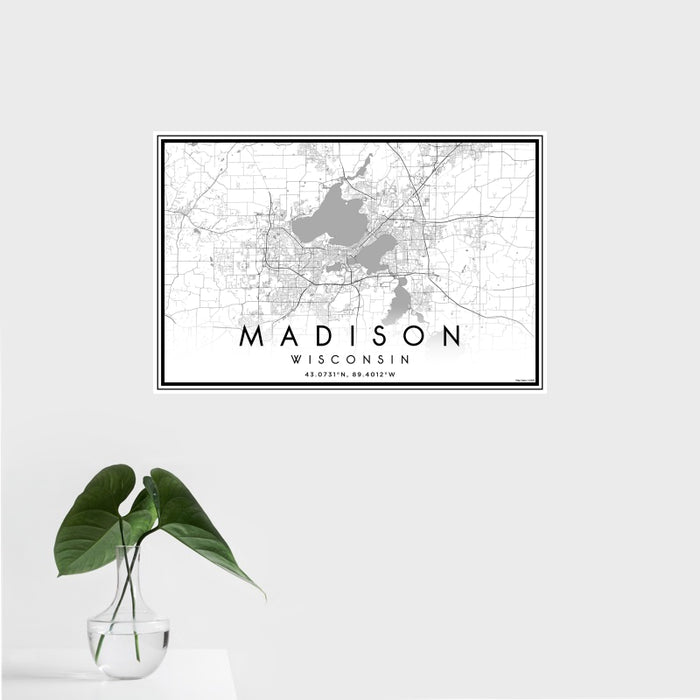 16x24 Madison Wisconsin Map Print Landscape Orientation in Classic Style With Tropical Plant Leaves in Water