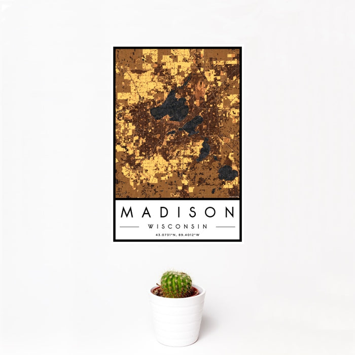 12x18 Madison Wisconsin Map Print Portrait Orientation in Ember Style With Small Cactus Plant in White Planter