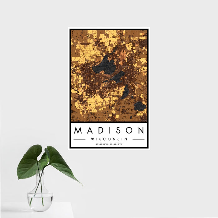 16x24 Madison Wisconsin Map Print Portrait Orientation in Ember Style With Tropical Plant Leaves in Water