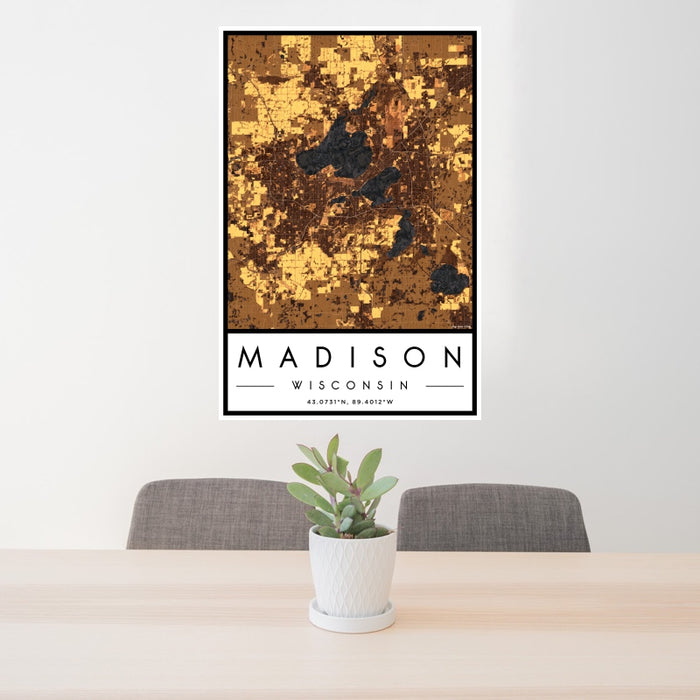 24x36 Madison Wisconsin Map Print Portrait Orientation in Ember Style Behind 2 Chairs Table and Potted Plant