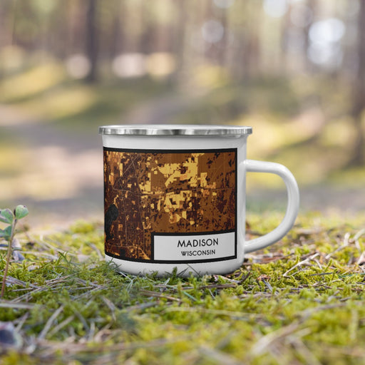 Right View Custom Madison Wisconsin Map Enamel Mug in Ember on Grass With Trees in Background