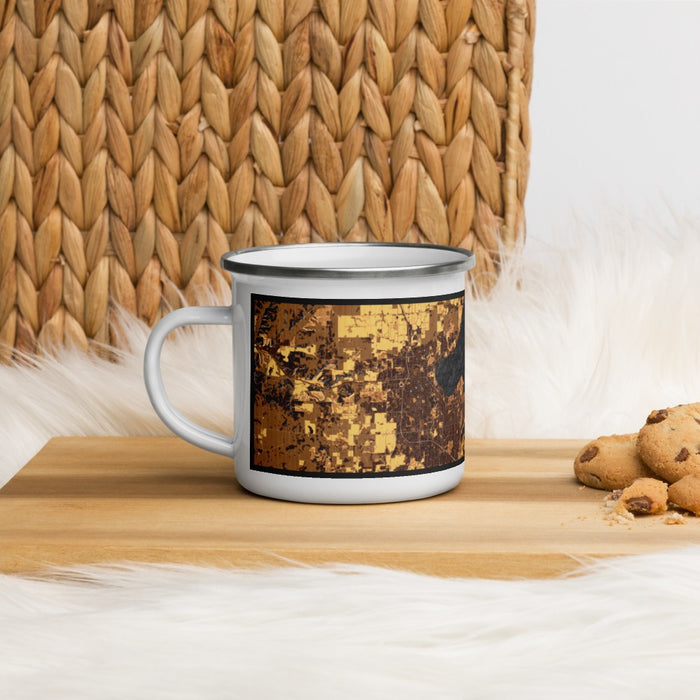 Left View Custom Madison Wisconsin Map Enamel Mug in Ember on Table Top