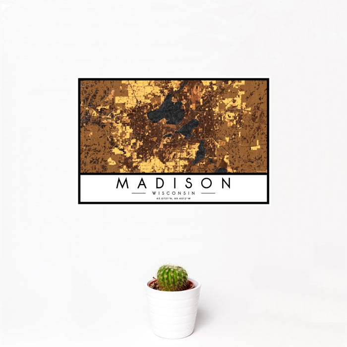 12x18 Madison Wisconsin Map Print Landscape Orientation in Ember Style With Small Cactus Plant in White Planter