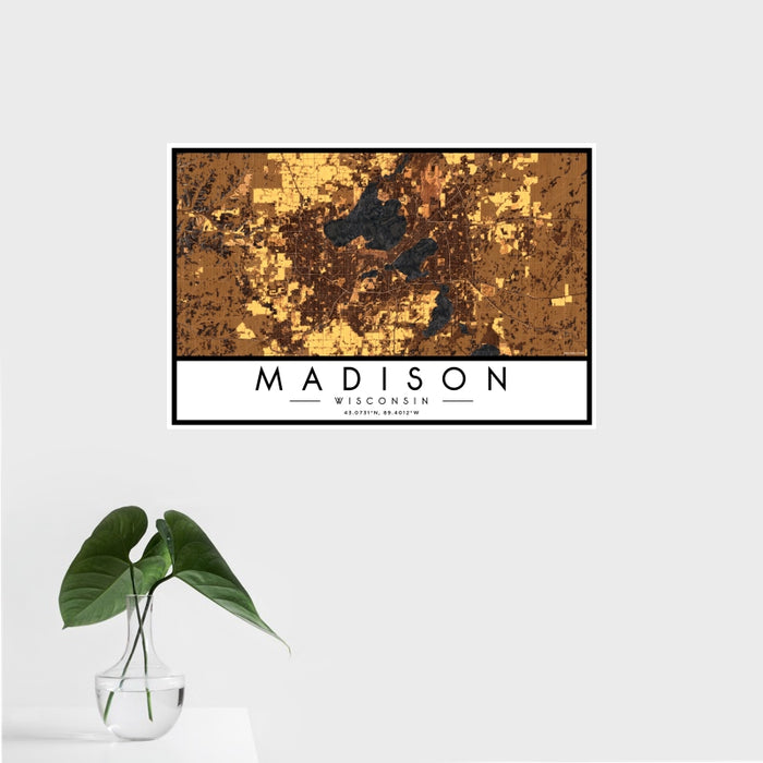 16x24 Madison Wisconsin Map Print Landscape Orientation in Ember Style With Tropical Plant Leaves in Water